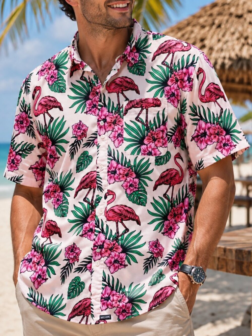 Massive Shirt Hawaiian Flamingo Cotton Short Sleeve Button Down XL